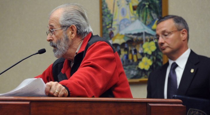Former city councilman Brian Heady squares off with Mayor Craig Fletcher.  Police Chief David Currey stood aside, as Mayor Craig Fletcher reminded Heady he could have him removed from the council meeting.  