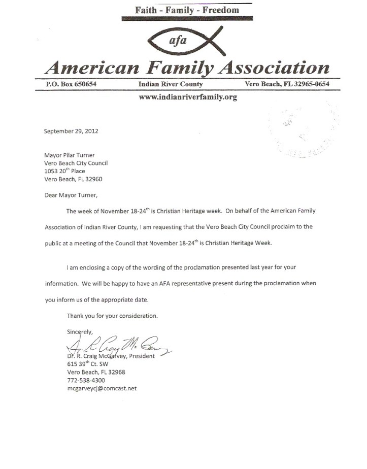 What representatives of The Humanists of the Treasure Coast said they objected to was not the Christian Heritage Week proclamation but its sponsorship by an the American Family Association.  