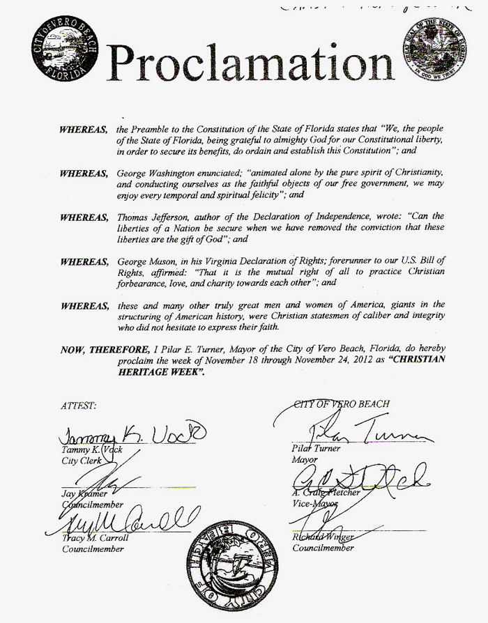 Despite claims to the contract, the Vero Beach City Council's proclamation recognizing Christian Heritage Week make to reference to Thanksgiving.