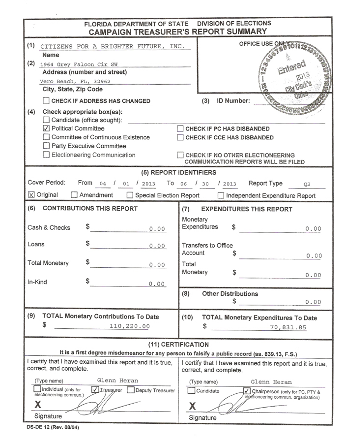 According to the lasted financial report filed with the City Clerk's office, Citizen's For a Brighter Future, a political committee headed by Glenn Heran, has received $110,220 in contributions since it was founded in September of 2011. Nearly $100,000 of those contributions have come from Florida Power & Light. With total expenses to date of $70,831, the Heran-controlled PAC has FPL money left it can use to aid Tracy Carroll in her bid for re-election
