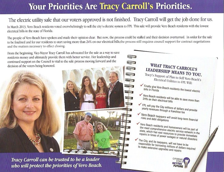 A new electioneering communication committee established by Glenn Heran and almost exclusively funded by FPL mailed post cards this week urging Tracy Carroll re-election.