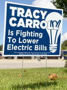 Signs supporting Tracy Carroll and largely paid for by FLP began appearing around town today.  Though Carroll is a firm supporter of selling to FPL, she has, in fact, voted to approve a number of rate increases.