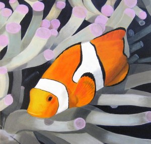 Clownfish oil painting by Bill Flaherty at Sebastian art show next Saturday
