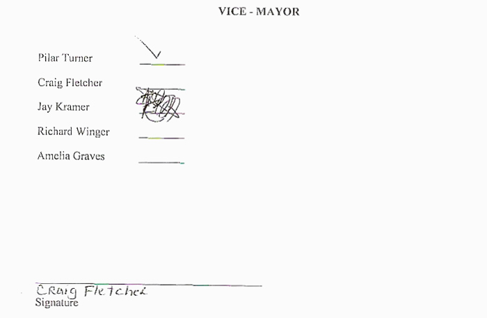 Craig Fletcher voted for Pilar Turner, but only after scratching through his first vote, which was for Jay Kramer.  