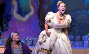 The Baker’s wife (Jillian Lopes) tries to get the golden slipper from Cinderella (Kelly Clemenzi)  in Into the Woods at the Vero Beach Theatre Guild Nov 14 – Dec 1.