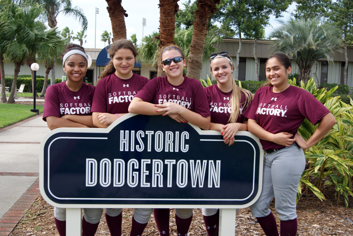 Dymond McMillan (GY), Hannah Isaacson (NY), Chloe Cruz (OH), Diedra Whightsil (IL) and Jessica Harr (MA) pose for a photo while attending Softfall Factory's Select Training at Historic Dodgeretosn. The training event, which includes 39 girls ages 13-18 from 16 states, began Thursday and will conclude Sunday.