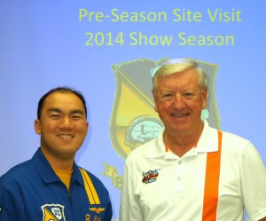 US Navy Lieutenant Commander Michael Cheng, Blue Angel #8, and Blue Angels Air Show Liaison Martin Zickert at the staff briefing for the 2014 Vero Beach Air Show.