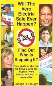 Civic activist Charlie Wilson created a brochure in which he attempts to place blame on eight people and organizations he claims are responsible for "stopping" the sale of Vero Electric.