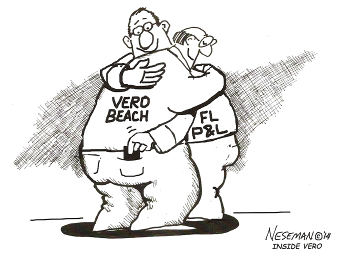 The above cartoon was the last cartoon Scripps Treasure Coast Newspapers would allow freelance cartoonist Dale Neseman to draw for Inside Vero. Scripps took this position with Nesemen, despite the fact that the company's newspapers do not publish Nesemen's cartoons in Vero Beach or Indian River County.  Scripps Publisher Bob Brunjes is married to Florida Power & Light External Affairs Manager Amy Brunjes.