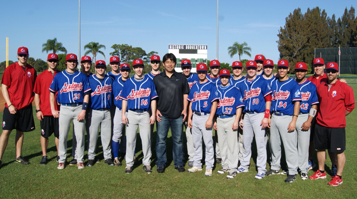 Former Dodger and Japan Hall of Fame inductee, Hideo Nomo, stands with Academie Baseball Canada team members during warm-ups of their Sunday game at Historic Dodgertown.  Nomo, a Founding Partner of Historic Dodgertown with Peter O’Malley, returned to visit the facility this weekend and viewed baseball and softball activities in action.