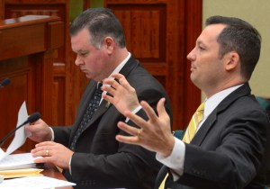 Steve Myers of Teamsters Local Union #769 and Jason Odom, the city's labor attorney, appear before the City Council in the February 25 impasse hearing.
