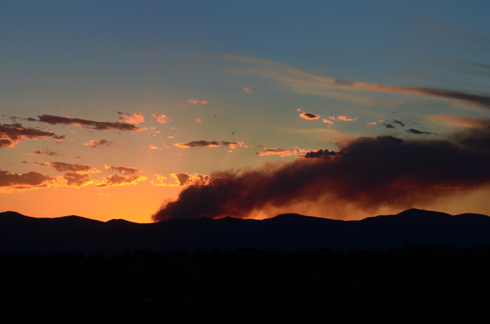 Sunset, June 29, 2014, as the 200-acre Diego fire burns on the western slopes of the Jemez Mountains just west of Santa Fe.