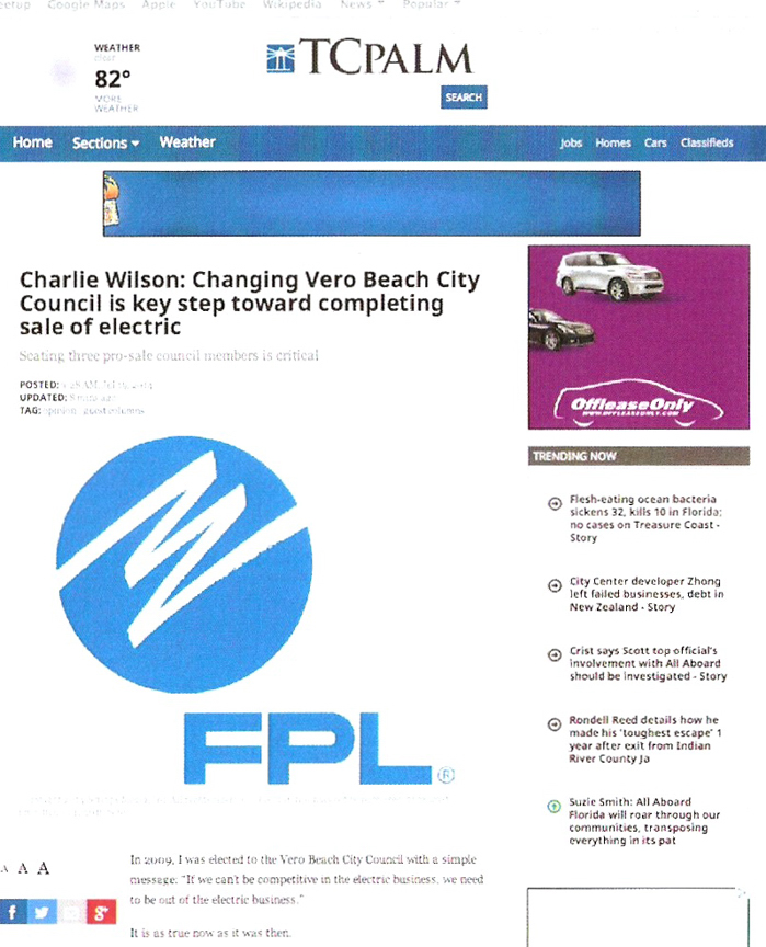 Screen shot from July 19, 2014 edition of TCPalm.com.  A column by Charlie Wilson arguing for his election to the Vero Beach City Council was topped with a giant Florida Power & Light logo.