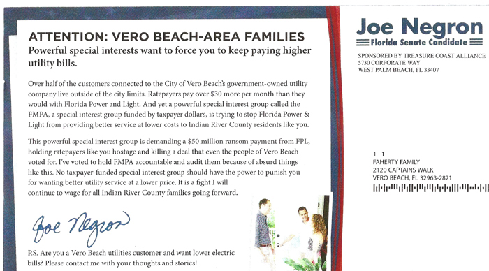 Fishing for votes in Vero Beach, Florida Sen. Joe Negron has joined pro-sale utility activists in misleading the public about the nature of the City's membership in the Florida Municipal Power Agency. Negron also seems to be supporting FPL in its efforts to fix the blame for its failed acquisition effort on the FMPA.