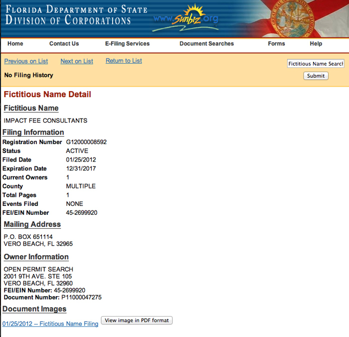 Another Wilson company, Impact Fee Consultants, has a business license with the City of Vero Beach.
