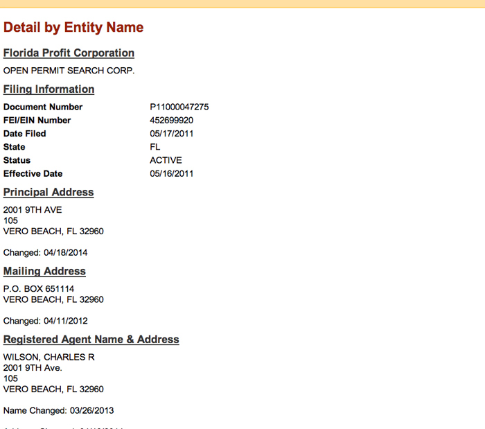 Wilson's company, Open Permit Search, is listed with the state Division of Corporations as an active corporation. On a City business license, the company is listed doing business as Impact Fee Consultants.