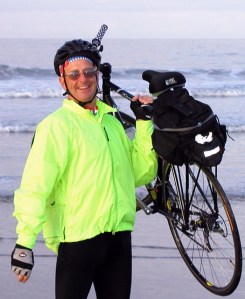 Rev. Scott Alexander begins his 2012 Ride Across America dipping his bicycle tires in the Pacific Ocean