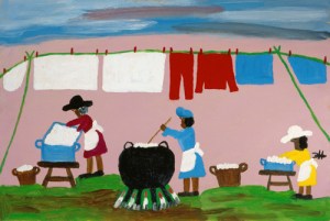 Clementine Hunter, Doing Laundry, circa 1963, paint on wood, 16 x 23 3/4 inches.