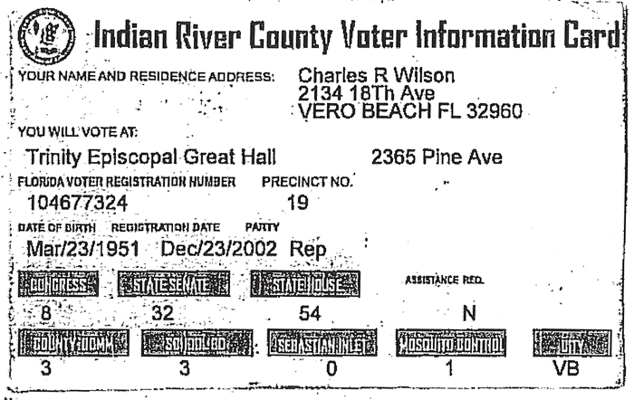 According Indian River County Supervisor of Elections Leslie Swan, on Aug. 21 Charlie Wilson switched his address on file with her office from a residence outside the city limits to 2134 18th Avenue.