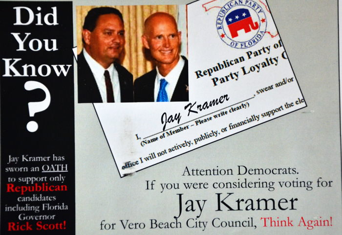 The Committee to Change Vero Electric, a political committee registered with the City Clerk's office, paid for a mailer sent to Democrats attacking Vice Mayor for his loyalty to fellow Republican.  In Florida, municipal election are, by law, to be nonpartisan.