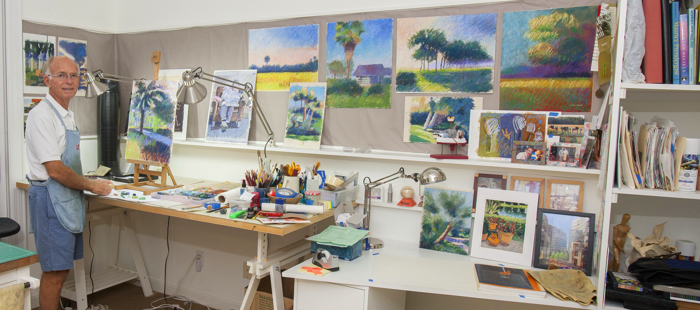 George Pillorge in his studio in Indian River Shores. Pillorge is painting his way through a colorful retirement.