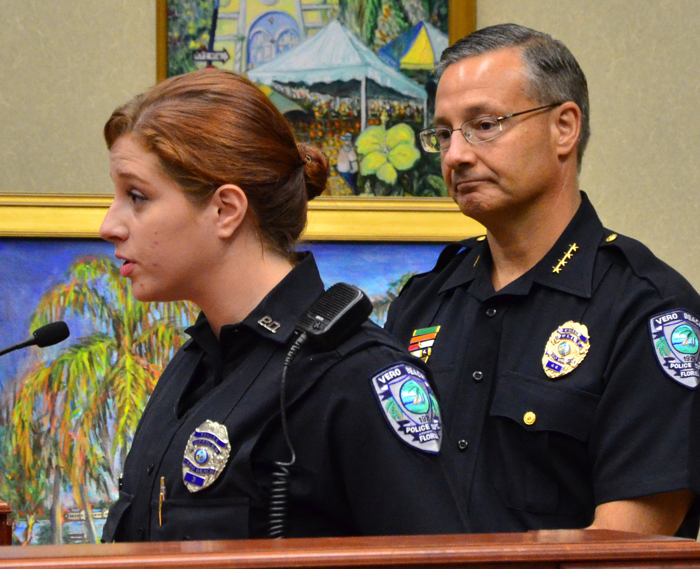 Vero Beach Police Chief David Currey introduced officer Anna Carden to the City Council Tuesday.  Carden will replace officer John Morrison as the department's Neighborhood Watch and Public Information Officer.  Morrison recently retired after more than 25 years with the department. 