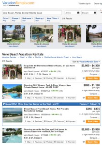 The web site VacationRentals.com includes advertising quoting daily and weekly rental rates for numberious homes in Vero Beach.