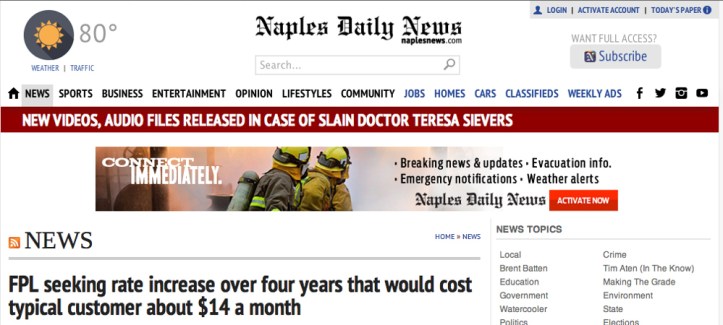 Screen shot from the Naples Daily News. The Daily News released its story on FPL's proposed rate hike Jan. 19. The Press Journal has yet to report the story.
