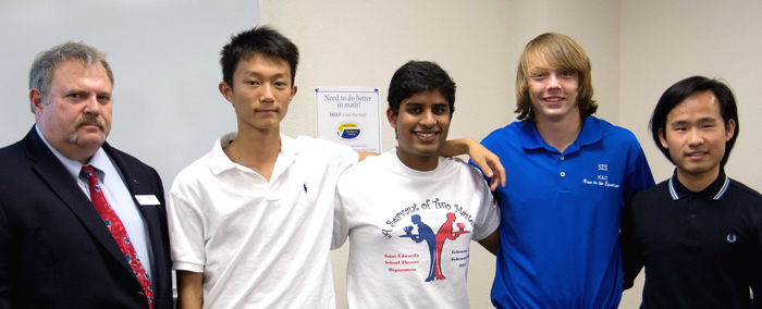 The St. Edward’s Team #2 swept the 2016 Math Olympics at Indian River State College. Pictured from Left to Right: Dr. Paul Horton, IRSC Assistant Dean of Mathematics, Natural Science, Performing and Visual Arts; Peter Zheng; Nishanth Chalasani; Zane Zudans; and Lei Zhang