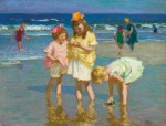 Edward H. Potthast (American, 1857-1927), Three Girls by the Seashore, c. 1915, oil on panel, 12 1/4 x 16